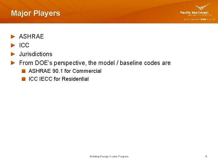 Major Players ASHRAE ICC Jurisdictions From DOE’s perspective, the model / baseline codes are