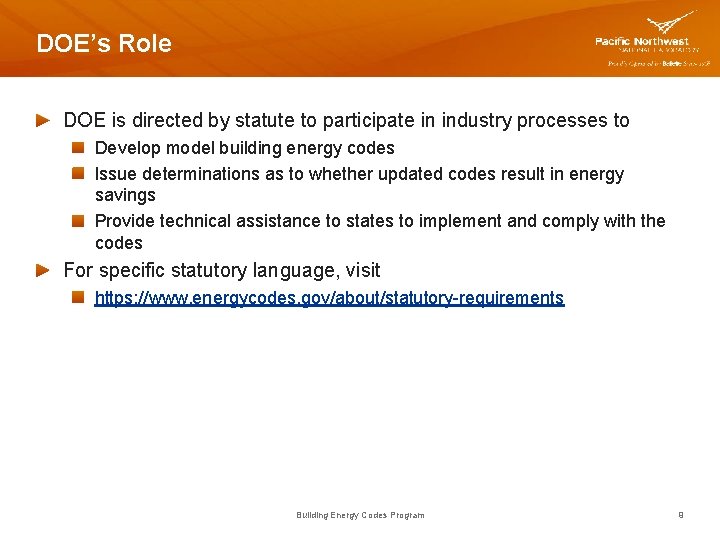 DOE’s Role DOE is directed by statute to participate in industry processes to Develop