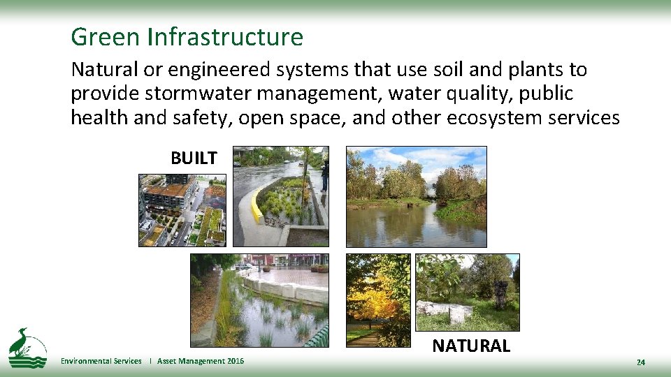 Green Infrastructure Natural or engineered systems that use soil and plants to provide stormwater