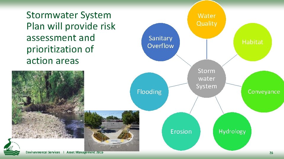 Stormwater System Plan will provide risk assessment and prioritization of action areas Water Quality