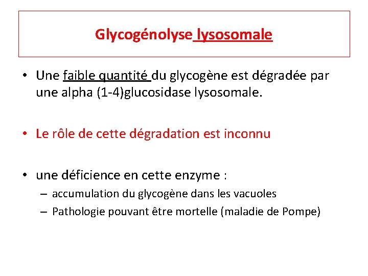 Glycogénolyse lysosomale • Une faible quantité du glycogène est dégradée par une alpha (1