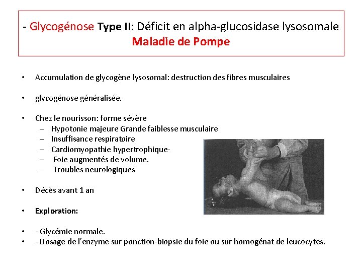 - Glycogénose Type II: Déficit en alpha-glucosidase lysosomale Maladie de Pompe • Accumulation de