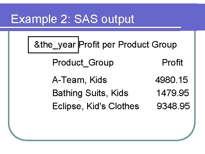 Example 2: SAS output &the_year Profit per Product Group Product_Group A-Team, Kids Bathing Suits,