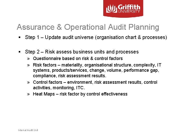 Assurance & Operational Audit Planning § Step 1 – Update audit universe (organisation chart