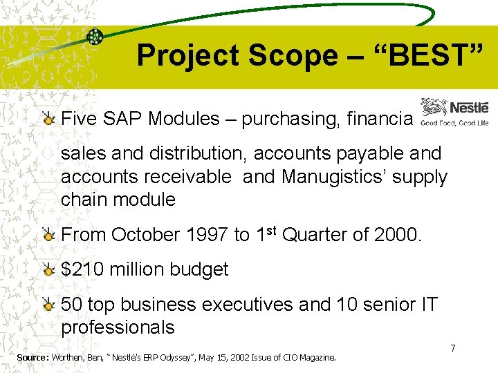 Project Scope – “BEST” Five SAP Modules – purchasing, financials, sales and distribution, accounts