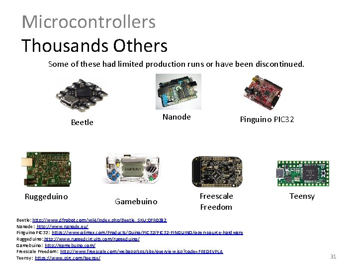 Microcontrollers Thousands Others Some of these had limited production runs or have been discontinued. Microcontrollers Thousands Others Some of these had limited production runs or have been discontinued.