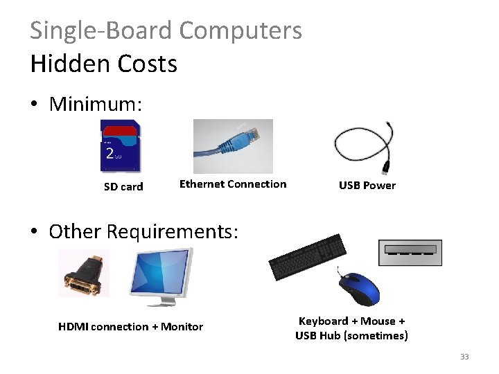 Single-Board Computers Hidden Costs • Minimum: SD card Ethernet Connection USB Power • Other Single-Board Computers Hidden Costs • Minimum: SD card Ethernet Connection USB Power • Other