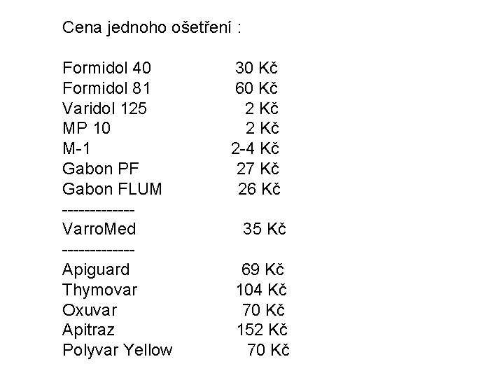 Cena jednoho ošetření : Formidol 40 Formidol 81 Varidol 125 MP 10 M-1 Gabon
