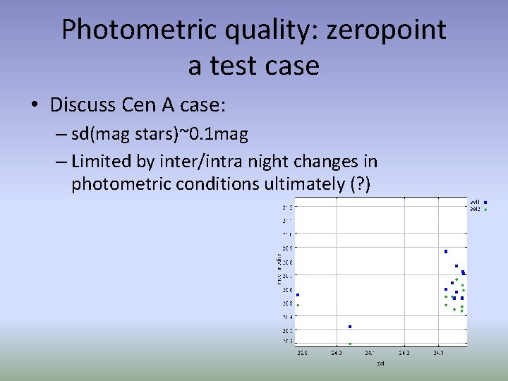 Photometric quality: zeropoint a test case • Discuss Cen A case: – sd(mag stars)~0.