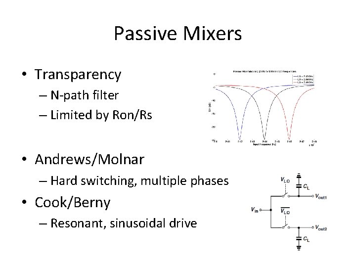 Passive Mixers • Transparency – N-path filter – Limited by Ron/Rs • Andrews/Molnar –