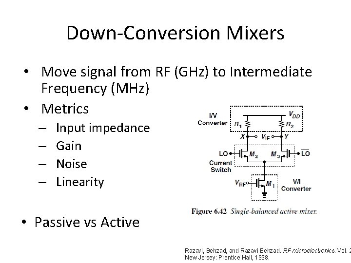 Down-Conversion Mixers • Move signal from RF (GHz) to Intermediate Frequency (MHz) • Metrics