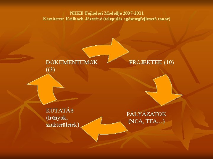 NHKE Fejlődési Modellje 2007 -2011 Készítette: Keilbach Józsefné (település egészségfejlesztő tanár) DOKUMENTUMOK ((3) KUTATÁS