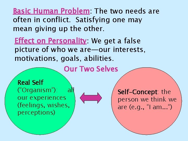 Basic Human Problem: The two needs are often in conflict. Satisfying one may mean
