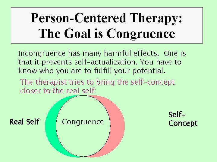 Person-Centered Therapy: The Goal is Congruence Incongruence has many harmful effects. One is that