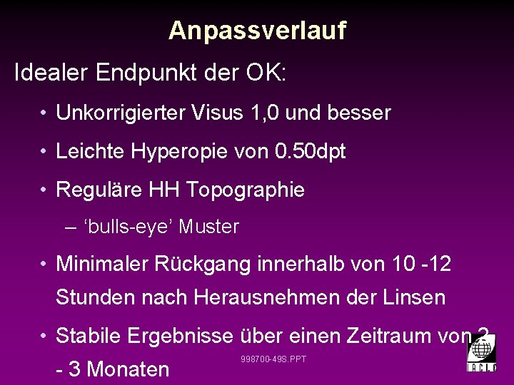 Anpassverlauf Idealer Endpunkt der OK: • Unkorrigierter Visus 1, 0 und besser • Leichte