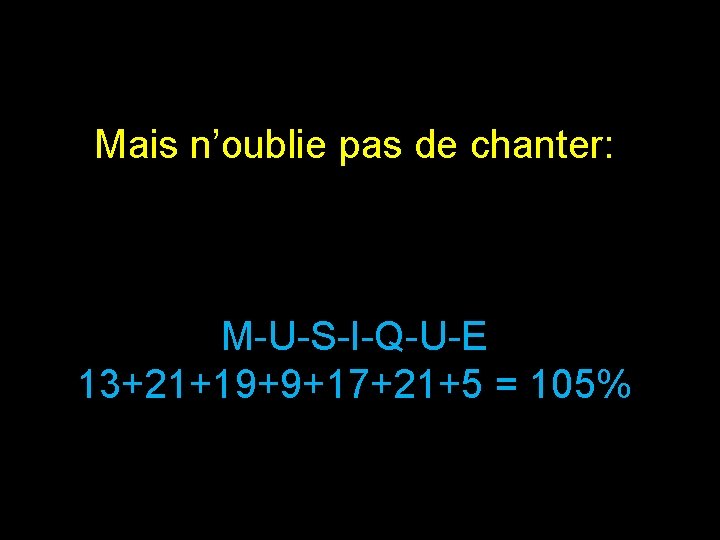 Mais n’oublie pas de chanter: M-U-S-I-Q-U-E 13+21+19+9+17+21+5 = 105% 