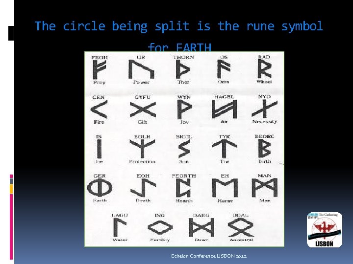 The circle being split is the rune symbol for EARTH Echelon Conference LISBON 2012