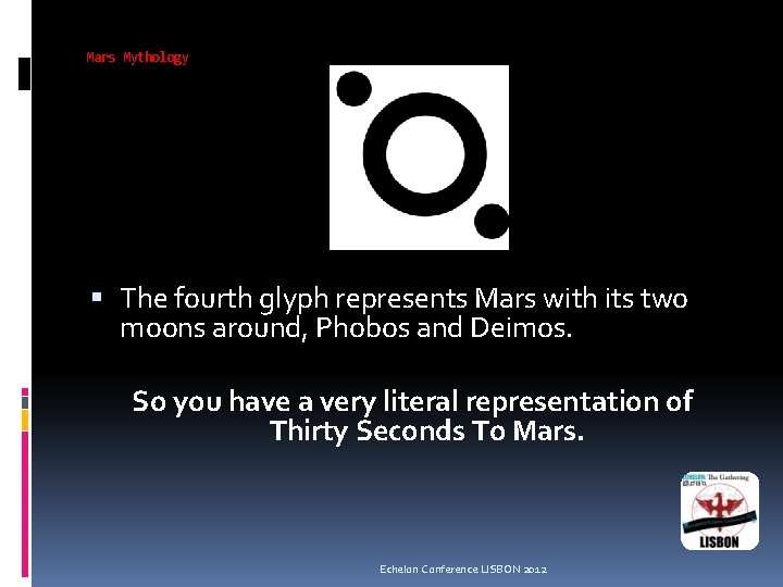 Mars Mythology The fourth glyph represents Mars with its two moons around, Phobos and