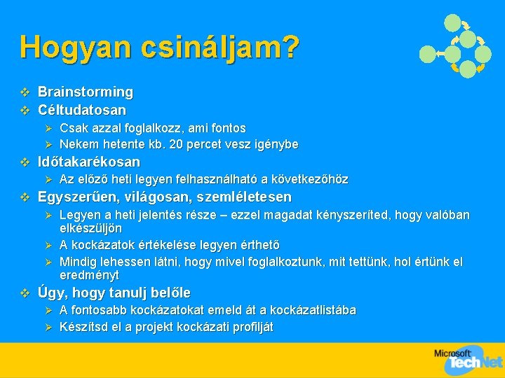 Hogyan csináljam? v Brainstorming v Céltudatosan Ø Csak azzal foglalkozz, ami fontos Ø Nekem