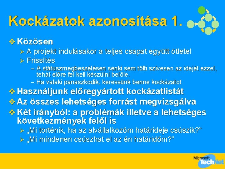 Kockázatok azonosítása 1. v Közösen Ø Ø A projekt indulásakor a teljes csapat együtt