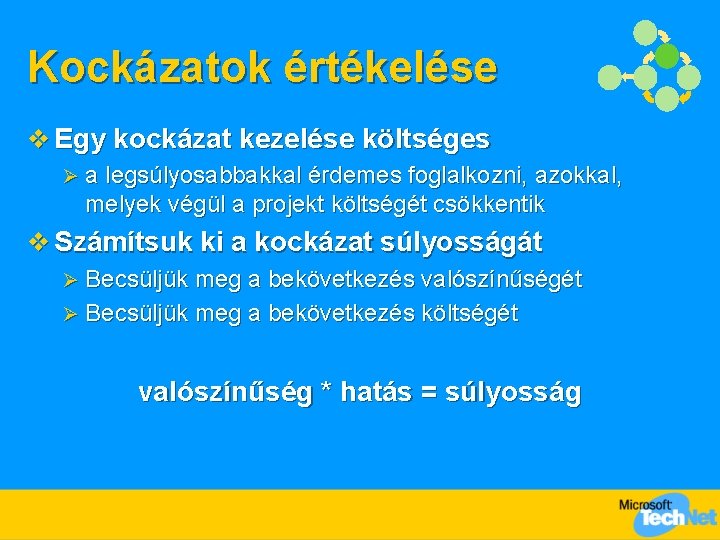 Kockázatok értékelése v Egy kockázat kezelése költséges Ø a legsúlyosabbakkal érdemes foglalkozni, azokkal, melyek