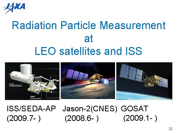 Radiation Particle Measurement at LEO satellites and ISS/SEDA-AP Jason-2(CNES) GOSAT (2009. 1 - )