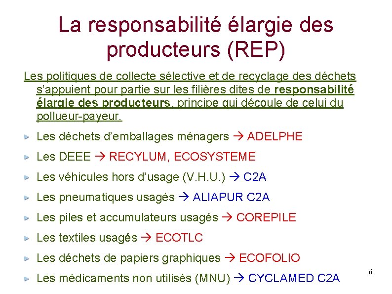 La responsabilité élargie des producteurs (REP) Les politiques de collecte sélective et de recyclage