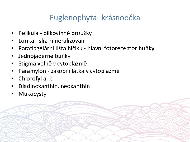 Euglenophyta- krásnoočka • • • Pelikula - bílkovinné proužky Lorika - sliz mineralizován Paraflagelární