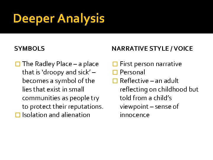 Deeper Analysis SYMBOLS NARRATIVE STYLE / VOICE � The Radley Place – a place