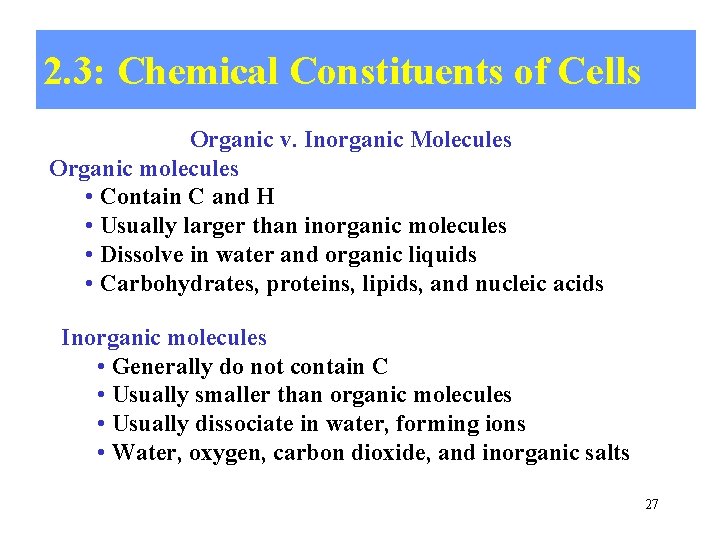 2. 3: Chemical Constituents of Cells Organic v. Inorganic Molecules Organic molecules • Contain
