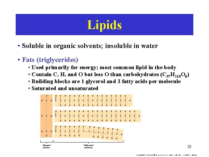 Lipids • Soluble in organic solvents; insoluble in water • Fats (triglycerides) • Used