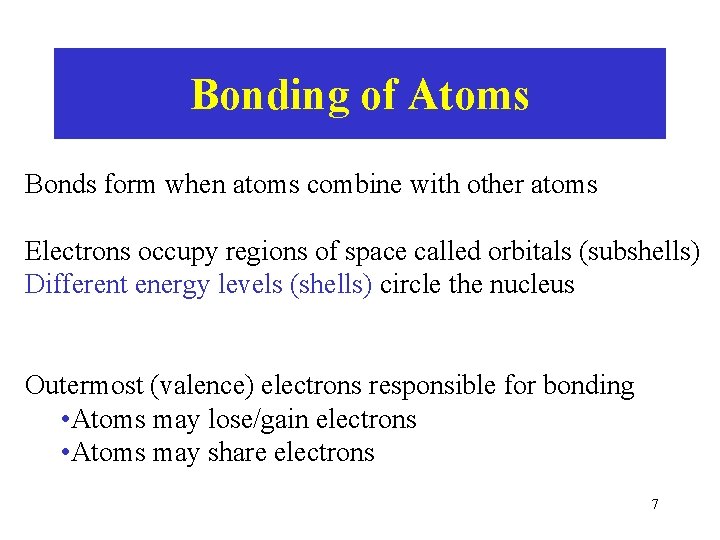 Bonding of Atoms Bonds form when atoms combine with other atoms Electrons occupy regions