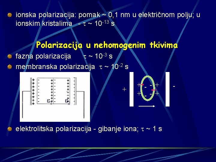 ionska polarizacija: pomak ~ 0, 1 nm u električnom polju; u ionskim kristalima -