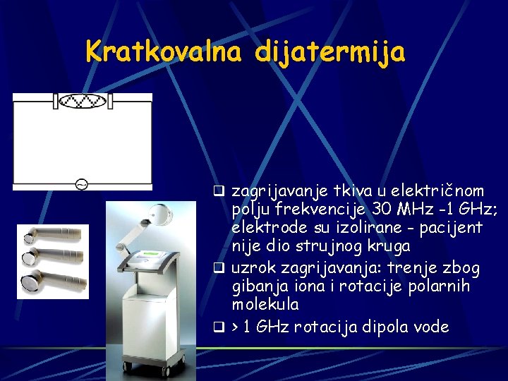 Kratkovalna dijatermija q zagrijavanje tkiva u električnom polju frekvencije 30 MHz -1 GHz; elektrode