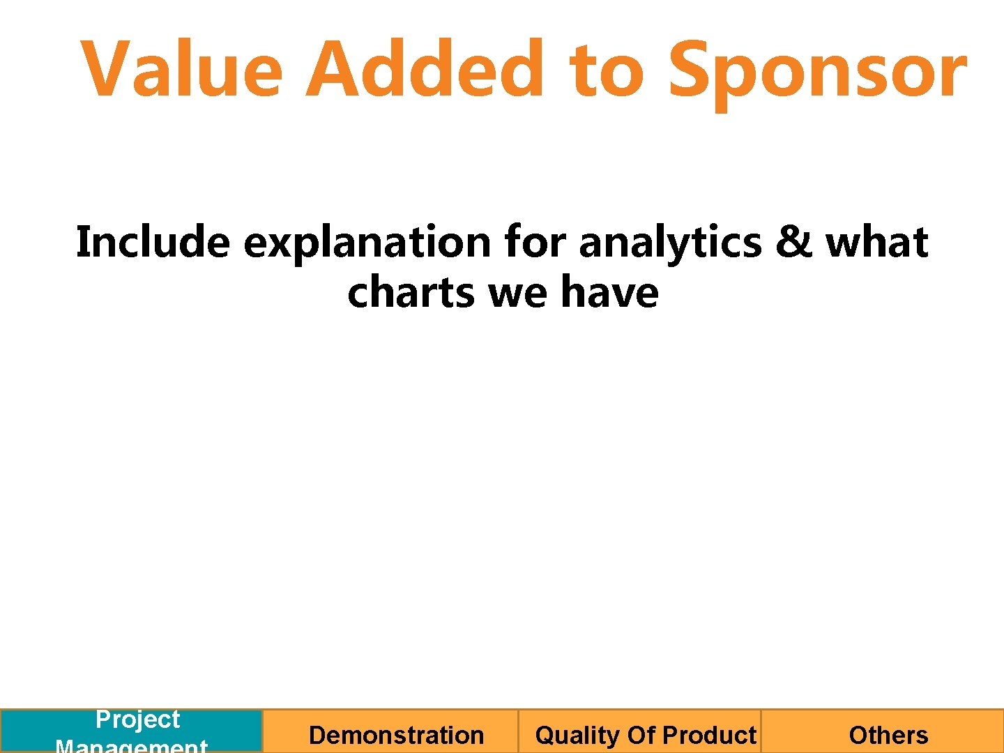 Value Added to Sponsor Include explanation for analytics & what charts we have Project