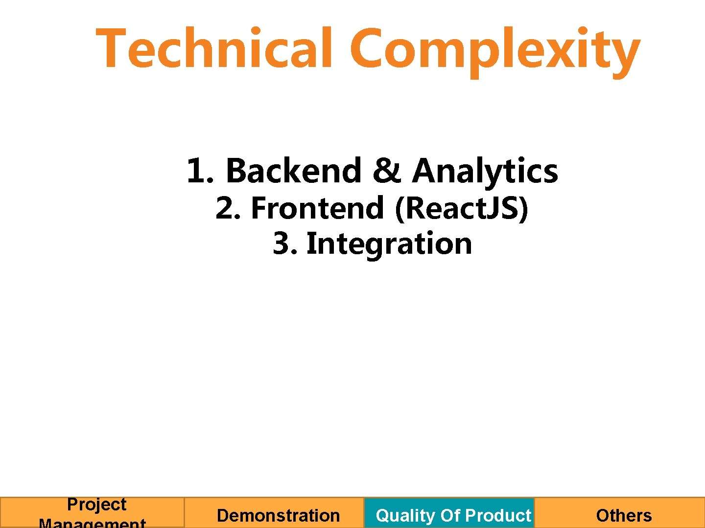 Technical Complexity 1. Backend & Analytics 2. Frontend (React. JS) 3. Integration Project Demonstration