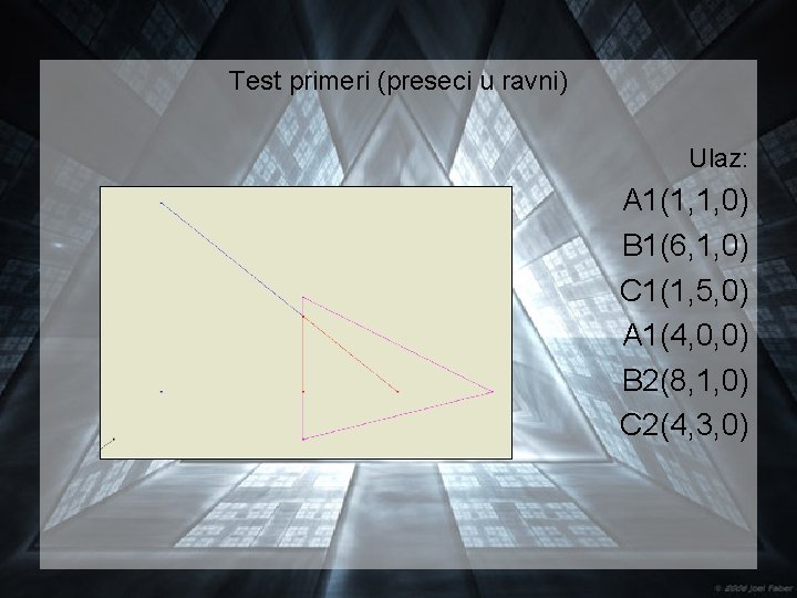 Test primeri (preseci u ravni) Ulaz: A 1(1, 1, 0) B 1(6, 1, 0)