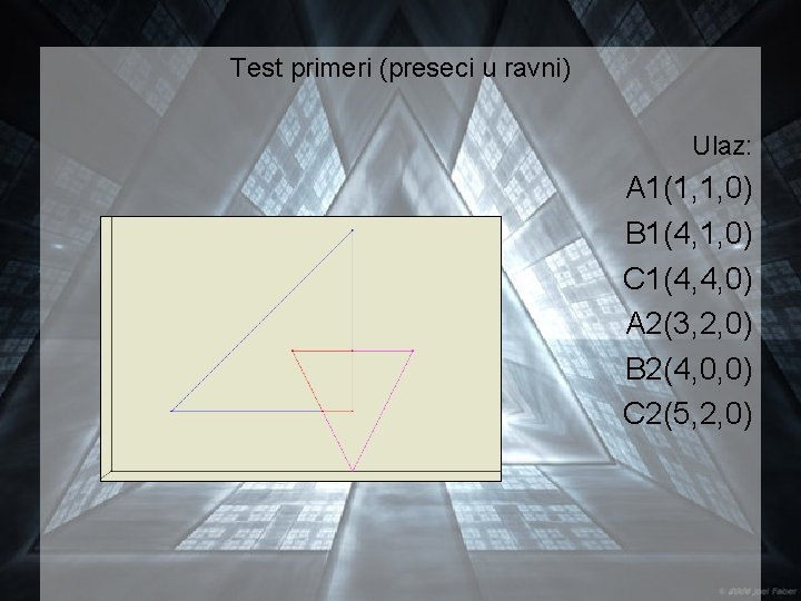 Test primeri (preseci u ravni) Ulaz: A 1(1, 1, 0) B 1(4, 1, 0)