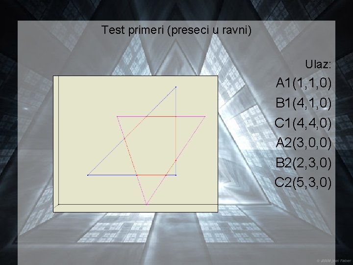 Test primeri (preseci u ravni) Ulaz: A 1(1, 1, 0) B 1(4, 1, 0)