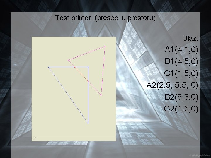 Test primeri (preseci u prostoru) Ulaz: A 1(4, 1, 0) B 1(4, 5, 0)