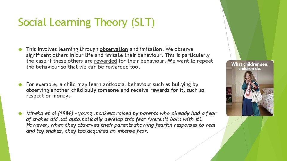 Social Learning Theory (SLT) This involves learning through observation and imitation We observe significant
