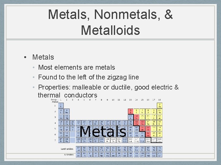 Metals, Nonmetals, & Metalloids • Metals • Most elements are metals • Found to