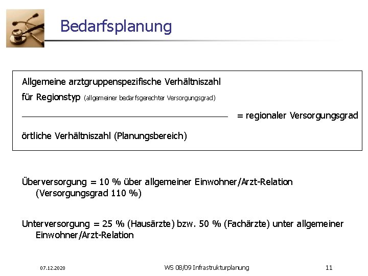 Bedarfsplanung Allgemeine arztgruppenspezifische Verhältniszahl für Regionstyp (allgemeiner bedarfsgerechter Versorgungsgrad) _____________________ = regionaler Versorgungsgrad örtliche