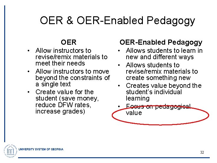 OER & OER-Enabled Pedagogy OER-Enabled Pedagogy • Allow instructors to revise/remix materials to meet