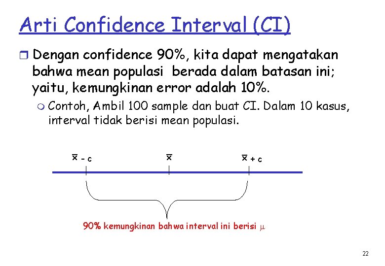 Arti Confidence Interval (CI) r Dengan confidence 90%, kita dapat mengatakan bahwa mean populasi