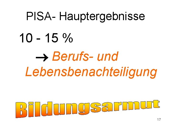 PISA- Hauptergebnisse 10 - 15 % Berufs- und Lebensbenachteiligung 17 