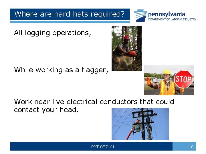 Where are hard hats required? All logging operations, While working as a flagger, Work