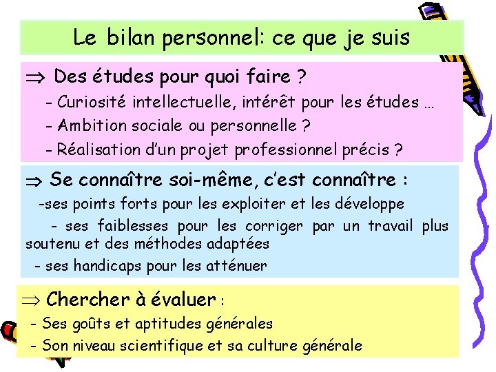 Le bilan personnel: ce que je suis Des études pour quoi faire ? -