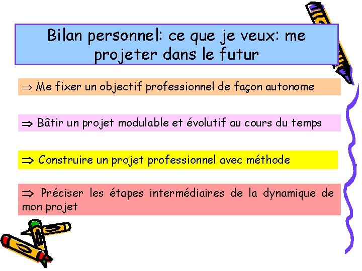 Bilan personnel: ce que je veux: me projeter dans le futur Me fixer un