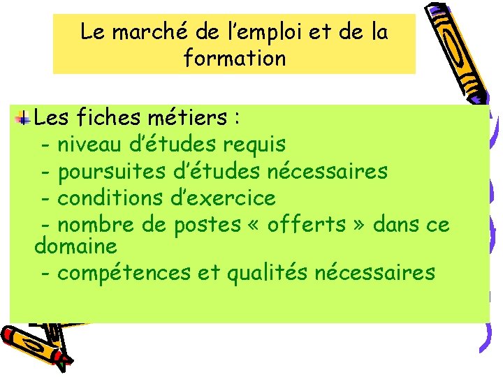 Le marché de l’emploi et de la formation Les fiches métiers : - niveau